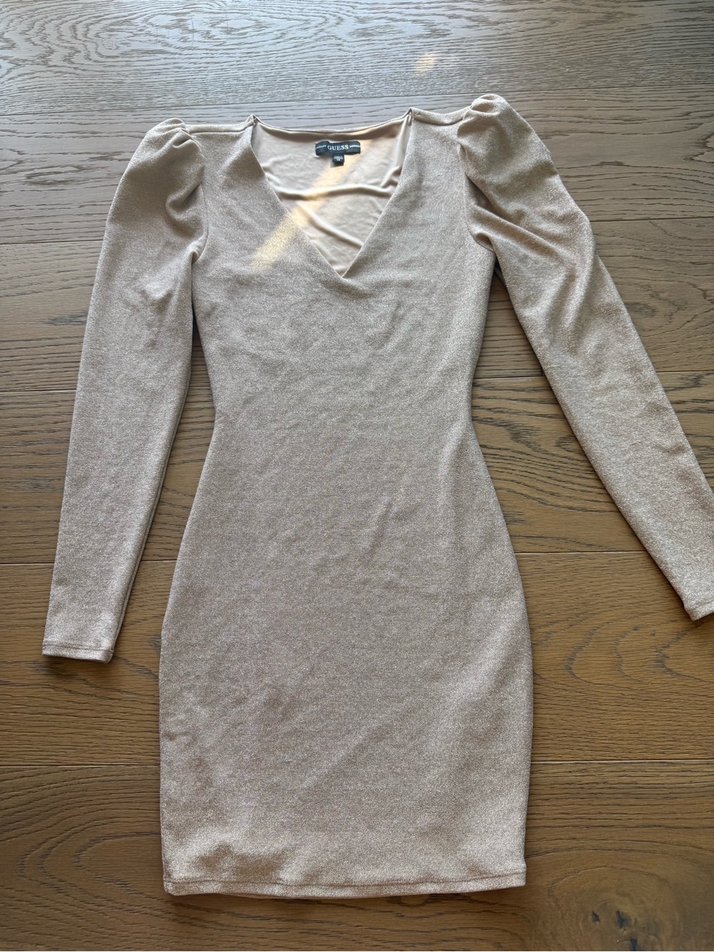 Guess Shimmery Gold Long Sleeve V-Neck Bodycon Dress
